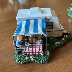 Faithful Fuzzies  Miniature Camper with Bears and Blue Striped Awning